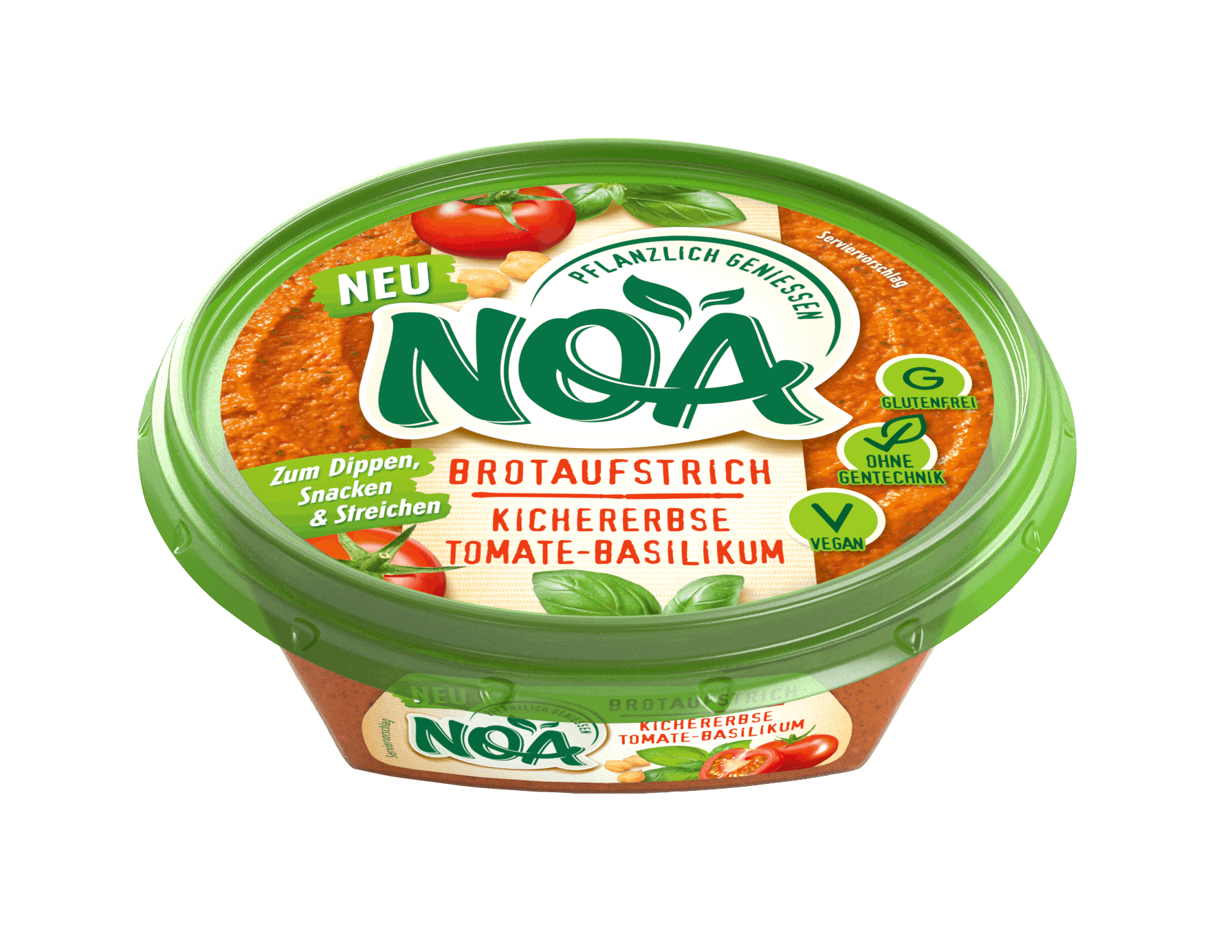 Noa hummus 175g ogt packshot 01 01 kichererbse tomate basilikum