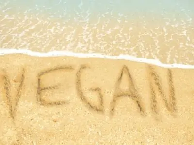 Schriftzug vegan am Sandstrand